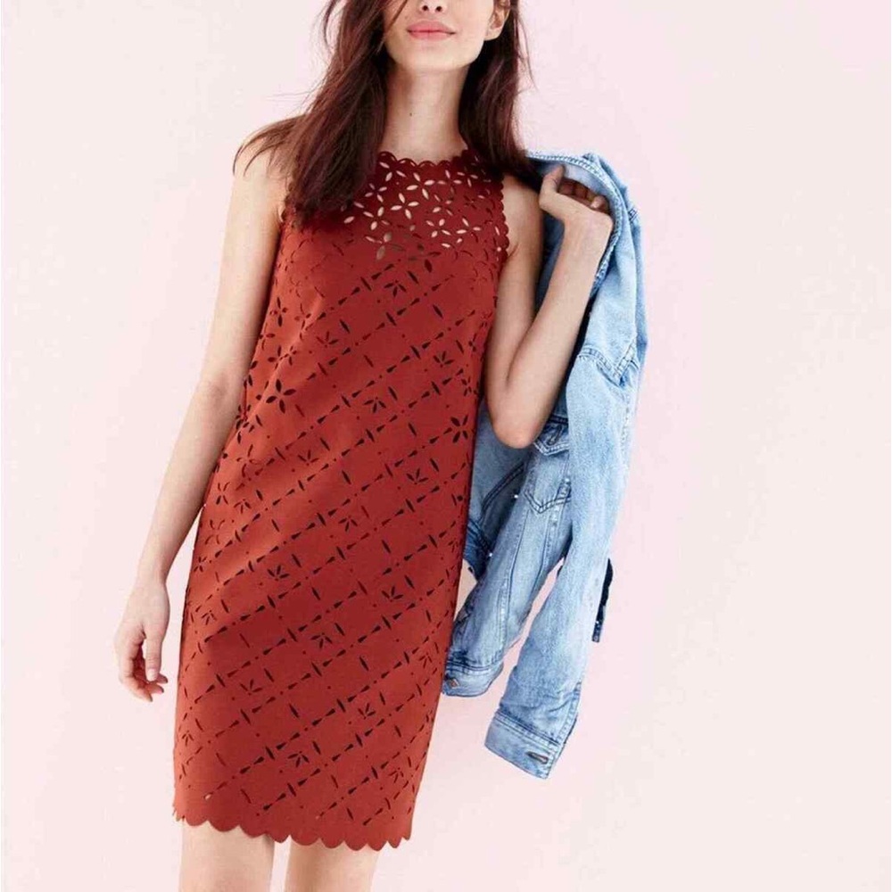 J. Crew laser cut eyelet shift scalloped dress burgundy